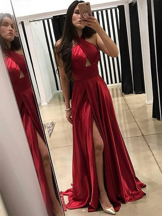 Sleeveless Sweep/Brush Train With Ruffles Silk Like Satin Dresses - Prom Dresses