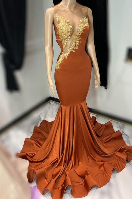 Sleeveless Tulle Mermaid Brown Long Prom Dress with Appliques