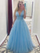 Sleeveless V-Neck Floor-Length A-line With Pearls Tulle Dresses - Prom Dresses