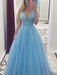 Sleeveless V-Neck Floor-Length A-line With Pearls Tulle Dresses - Prom Dresses