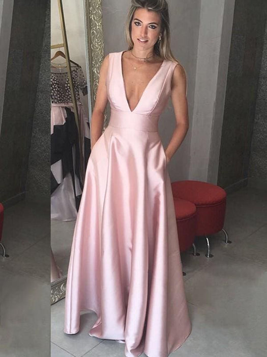 Sleeveless V-Neck Floor-Length A-line With Ruffles Satin Dresses - Prom Dresses