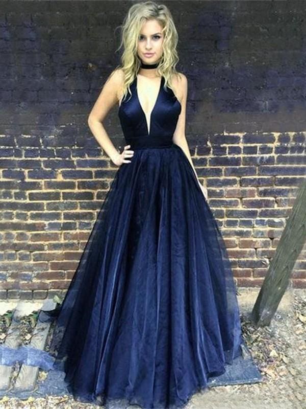 Sleeveless V-Neck Floor-Length A-line With Ruffles Tulle Dresses - Prom Dresses