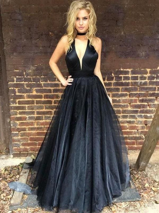 Sleeveless V-Neck Floor-Length A-line With Ruffles Tulle Dresses - Prom Dresses