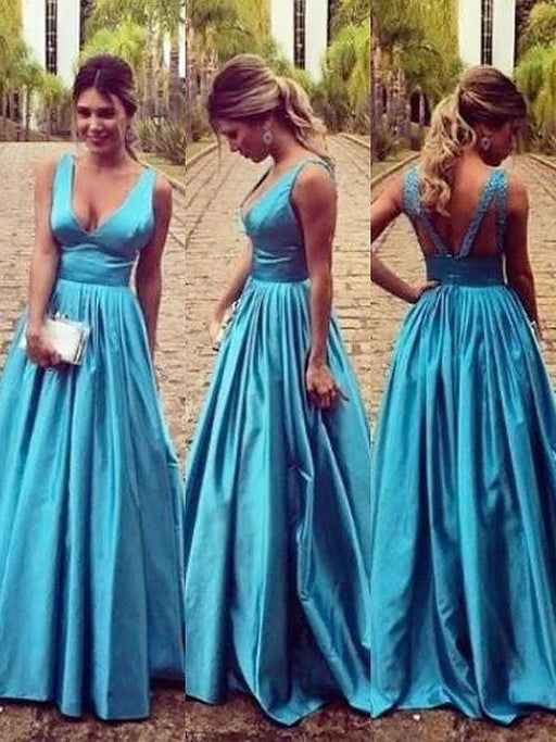 Sleeveless V-Neck Elastic Woven Satin With Ruched Floor-Length Dresses - Prom Dresses