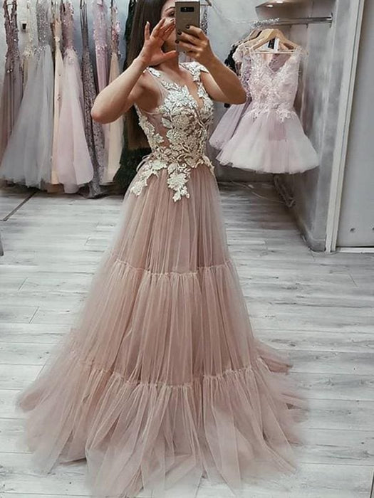 Sleeveless V-Neck Sweep/Brush A-line Train With Applique Tulle Dresses - Prom Dresses