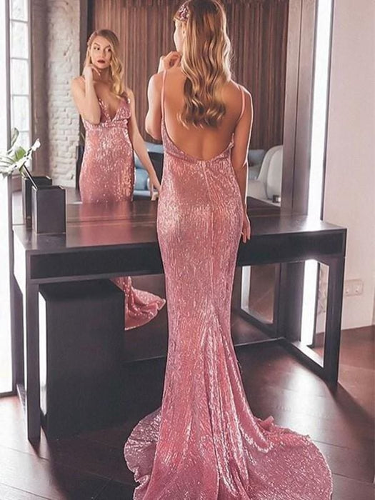 Sleeveless V-Neck Sweep/Brush Train With Ruffles Sequins Dresses - Prom Dresses