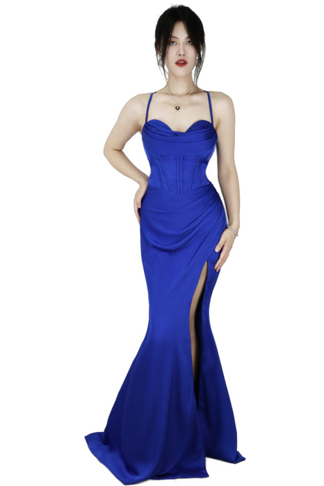 Spaghetti Strap Long Royal Blue Prom Dress With Slit