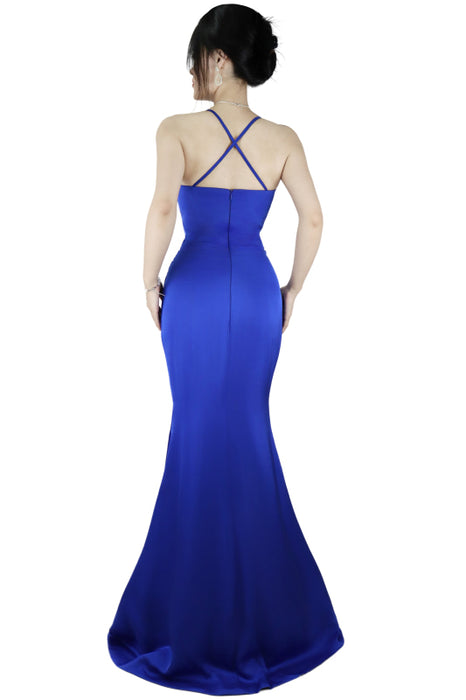 Spaghetti Strap Long Royal Blue Prom Dress With Slit