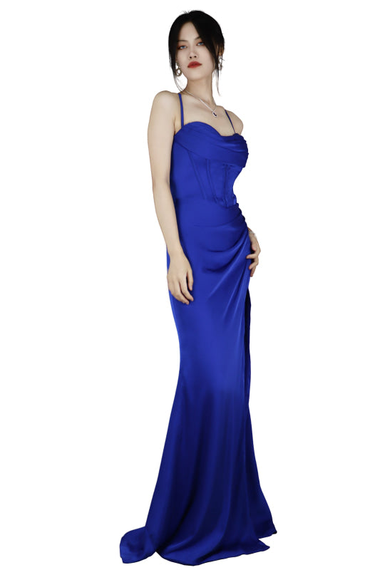 Spaghetti Strap Long Royal Blue Prom Dress With Slit