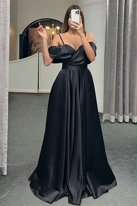 Spaghetti-Strap Off-the-Shoulder A-Line Lace-Up Back Long Evening Dress