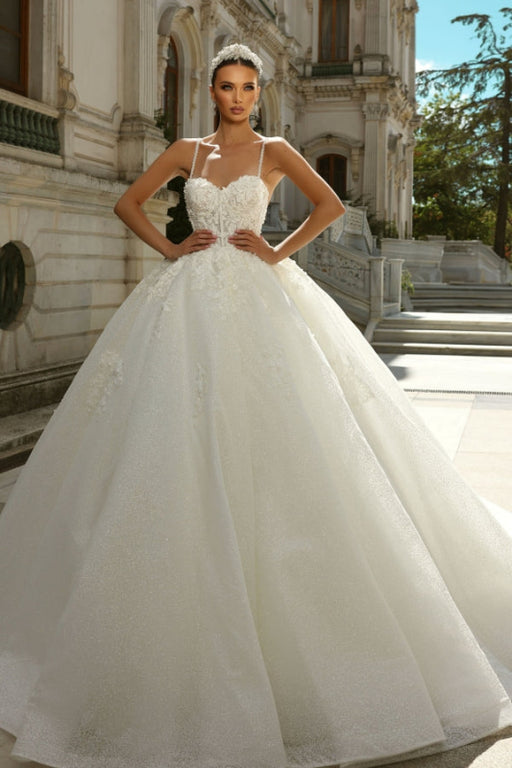 Spaghetti Strapes Sweetheart A-Line Appliques Lace Ball Gown Wedding Dress