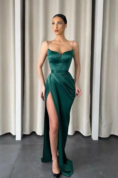 Spaghetti-Straps Dark Green Mermaid Sweetheart Prom Dress with Split Online