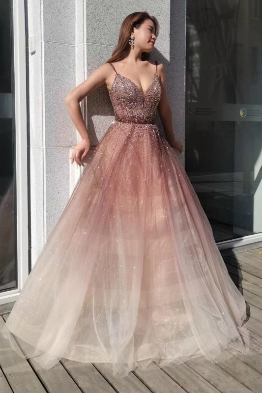 Spaghetti-Straps Deep V-Neck Tulle Prom Dress With Sequins Beads