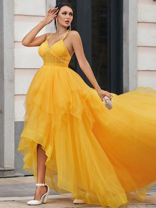 Spaghetti-Straps High-Lo Tulle Prom Dress