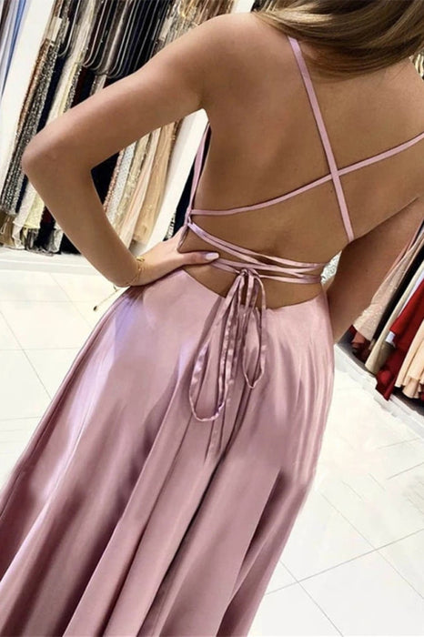 Spaghetti-Straps Pink Prom Dress with Slit