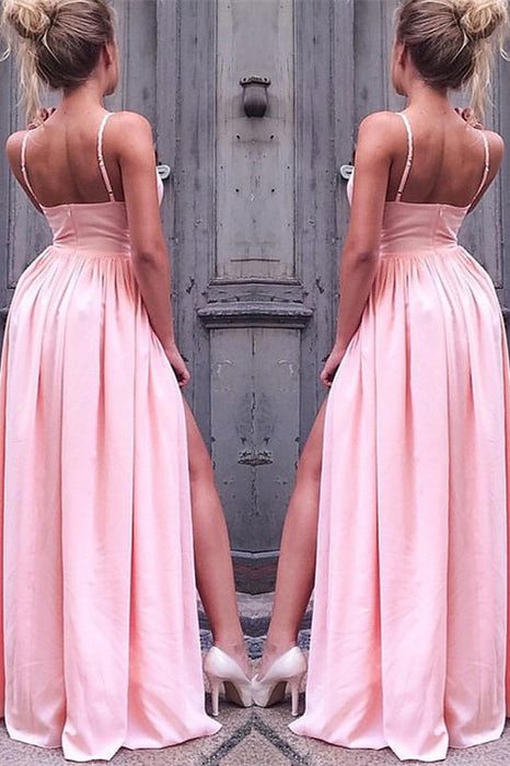 Spaghetti-Straps Pink Prom Dress with Slit