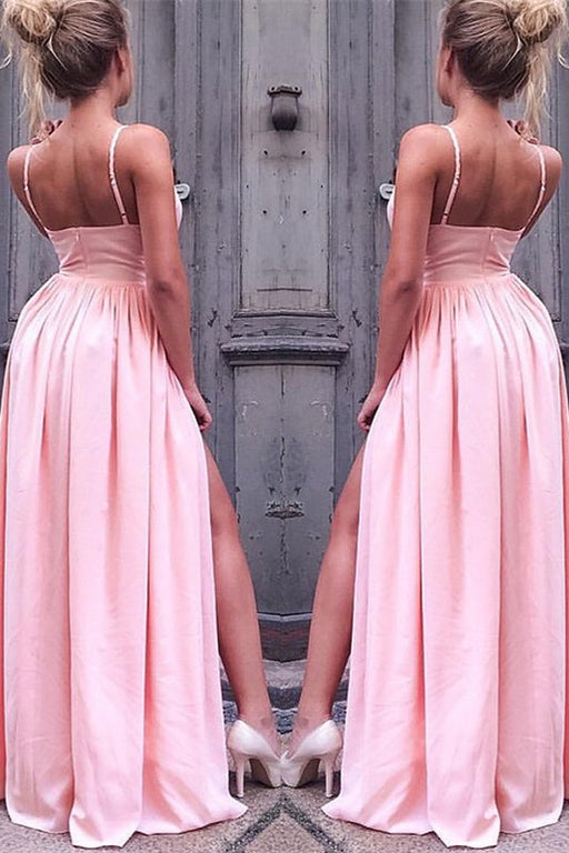 Spaghetti-Straps Pink Prom Dress with Slit