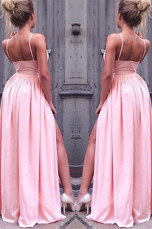 Spaghetti-Straps Pink Prom Dress with Slit