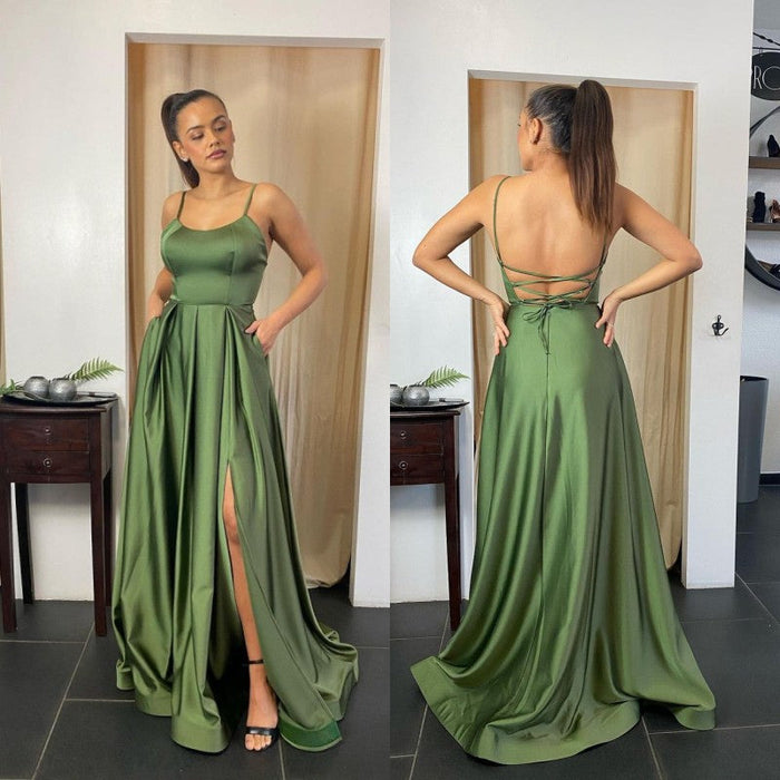 Spaghetti-Straps Prom Dress Long with Pocket