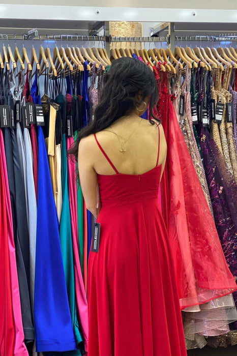 Spaghetti-Straps Red Long Prom Dress with Slit