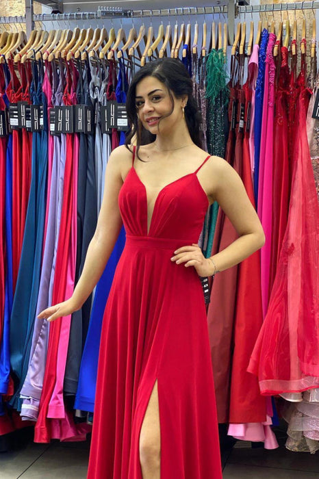 Spaghetti-Straps Red Long Prom Dress with Slit