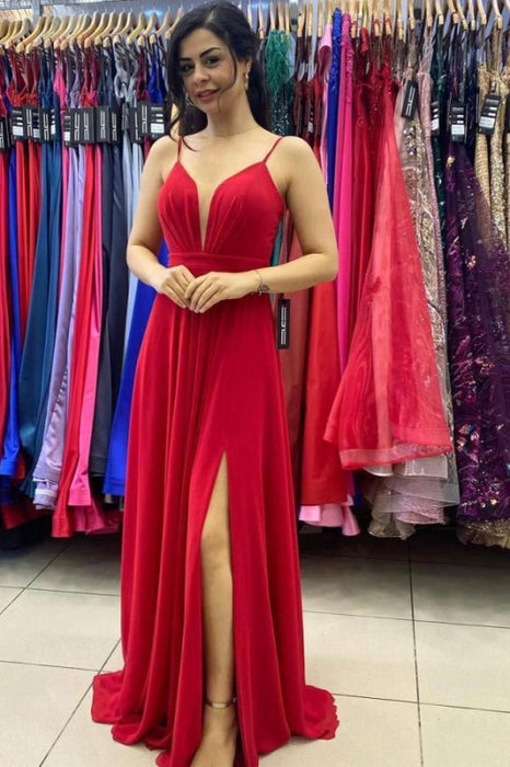 Spaghetti-Straps Red Long Prom Dress with Slit