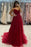 Spaghetti Straps Red Tulle Aline Evening Dress Sleeveless Lace Floor Length Dress