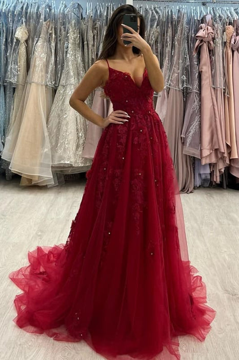 Spaghetti Straps Red Tulle Aline Evening Dress Sleeveless Lace Floor Length Dress