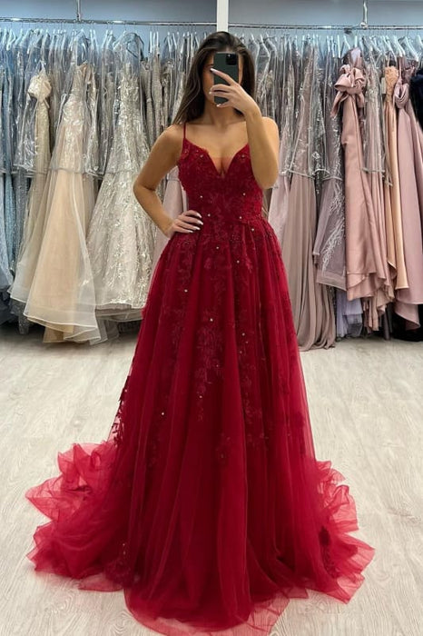 Spaghetti Straps Red Tulle Aline Evening Dress Sleeveless Lace Floor Length Dress