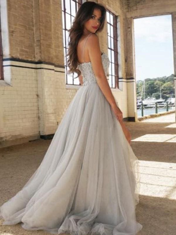 Spaghetti Straps Sweep/Brush Train Tulle With Beading Dresses - Prom Dresses