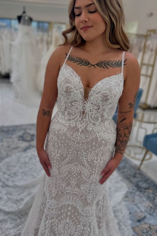 Spaghetti Straps Tulle Appliques Lace Mermaid Wedding Dresses