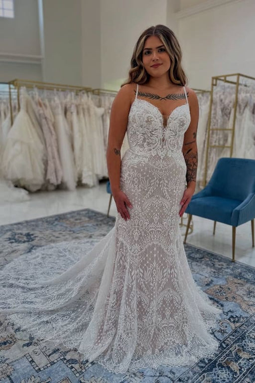 Spaghetti Straps Tulle Appliques Lace Mermaid Wedding Dresses