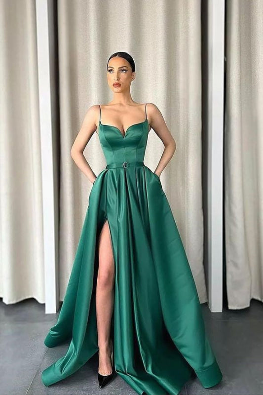 Spaghetti-Straps V-Neck Long A-Line Prom Dress With Split - Dark Green