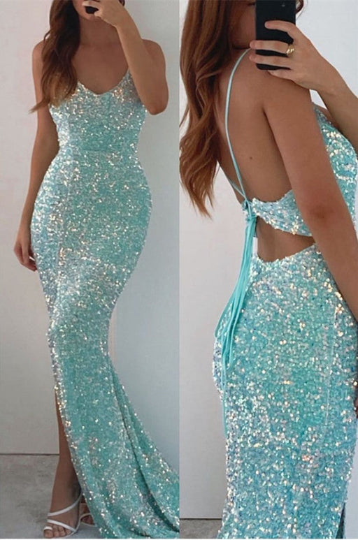 Spaghetti-Straps V-Neck Long Mermaid Prom Dress with Split and Sequins