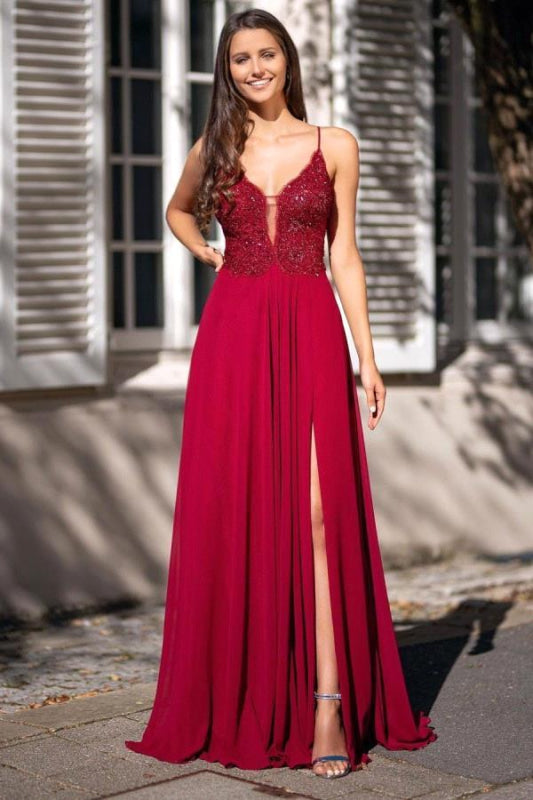 Spaghetti-Straps V-Neck Long Prom Dress with Slit and Appliques