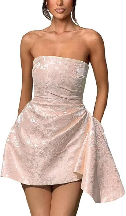 Sparkle Strapless Mini Party Dress Backless Satin Jacquard Homecoming Dress - Prom Dresses