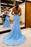 Sparkly Baby Blue Sequin Mermaid Prom Dress with Long Sleeveless V-Neck Backless