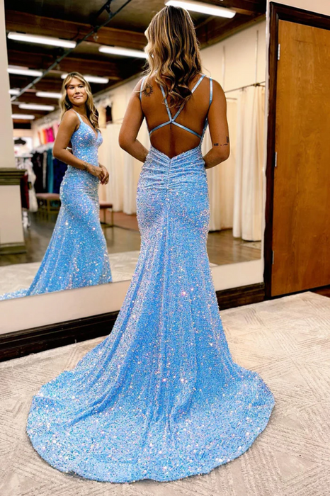 Sparkly Baby Blue Sequin Mermaid Prom Dress with Long Sleeveless V-Neck Backless