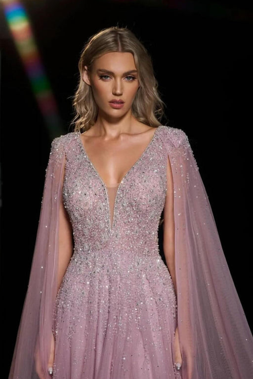 Sparkly Beaded V-Neck Sequins Lace Tulle Long Prom Dress