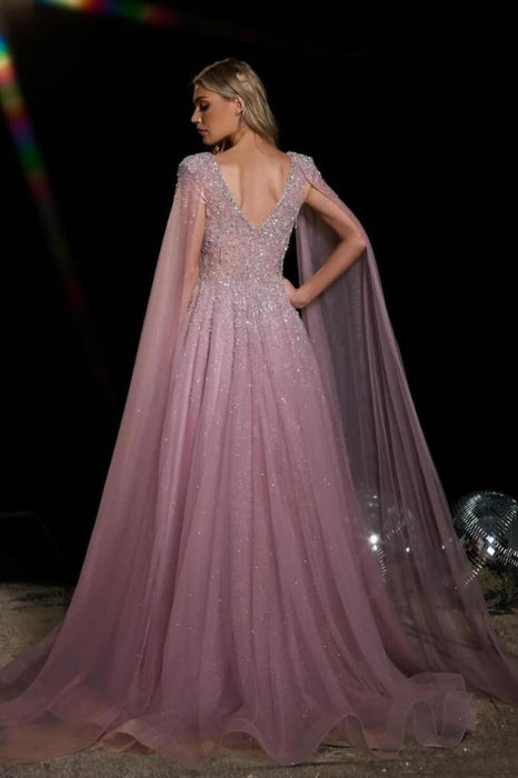 Sparkly Beaded V-Neck Sequins Lace Tulle Long Prom Dress