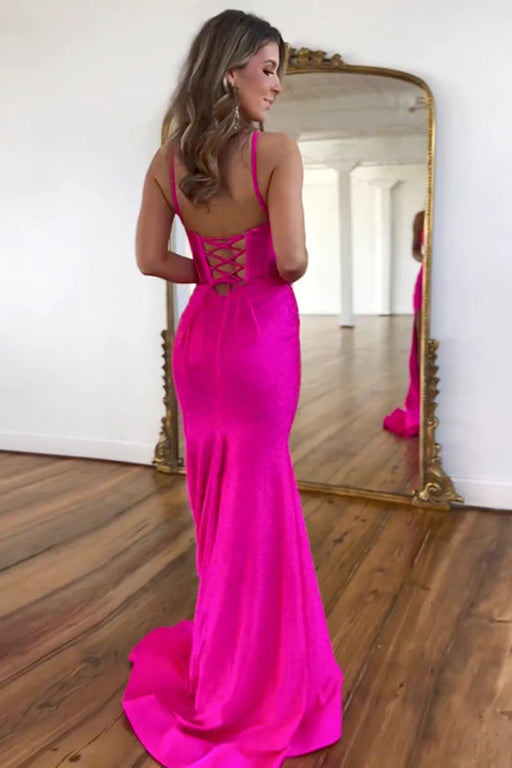 Sparkly Fuchsia Spaghetti Straps Prom Dress with Lace-Up Beaded Detail and Slit