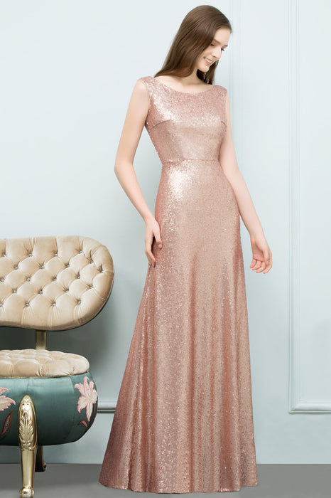 Bridelily Shiny Sequined Scoop Sleeveless Champagne Bridesmaid Dress Online