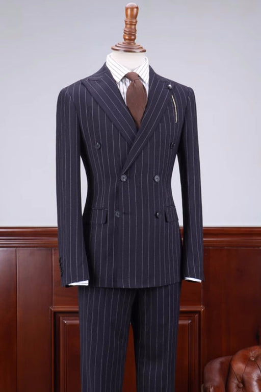 Cyril Special Navy Blue Striped Peaked Lapel Double Breasted Business Suits