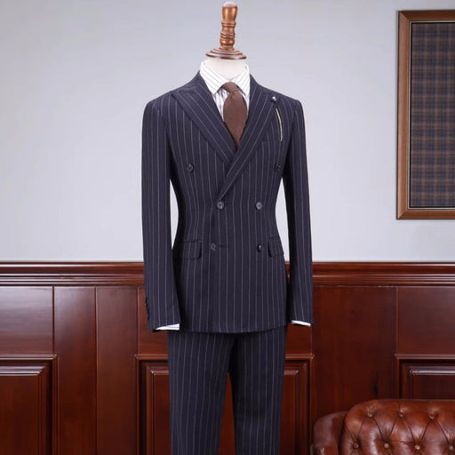 Cyril Special Navy Blue Striped Peaked Lapel Double Breasted Business Suits