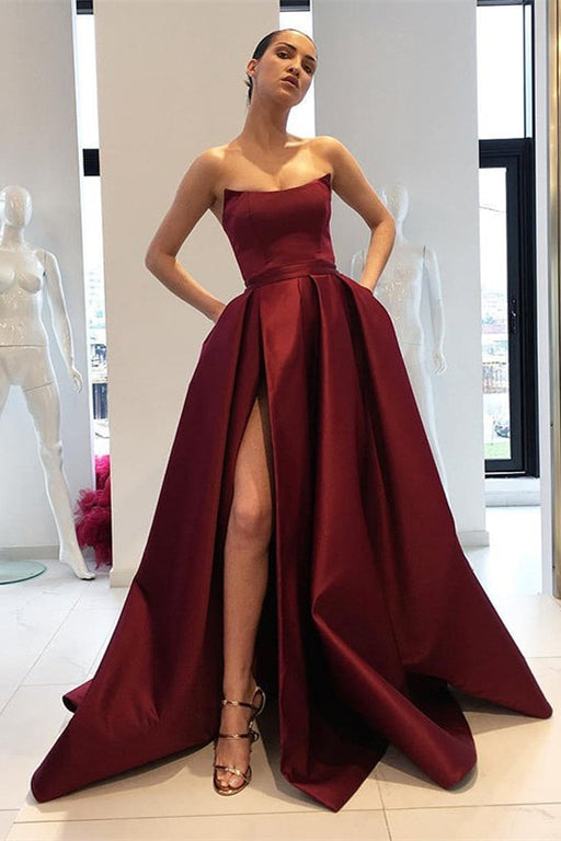 Strapless Burgundy Mermaid Prom Dress with Split