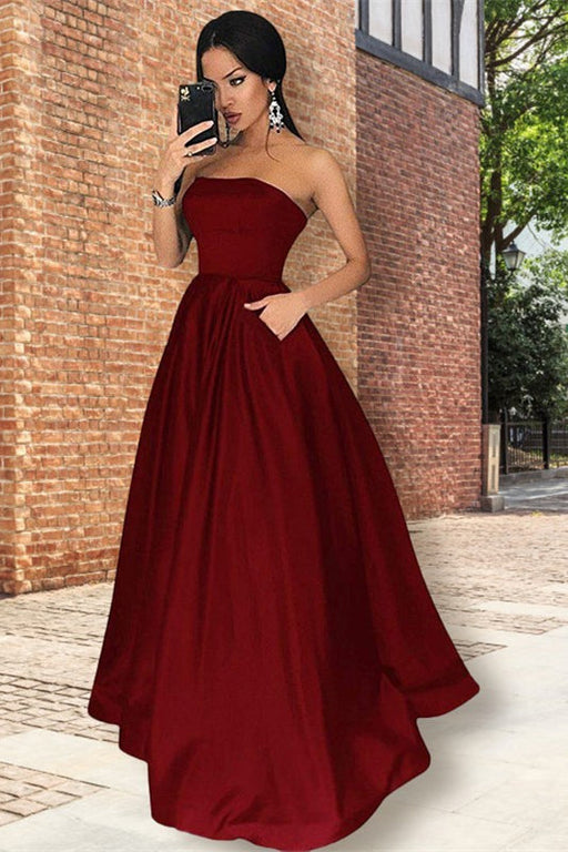 Strapless Burgundy Prom Dress with Pockets