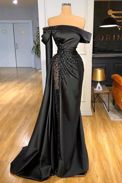 Strapless Empire Ruched Satin Beaded Split Evening Dress