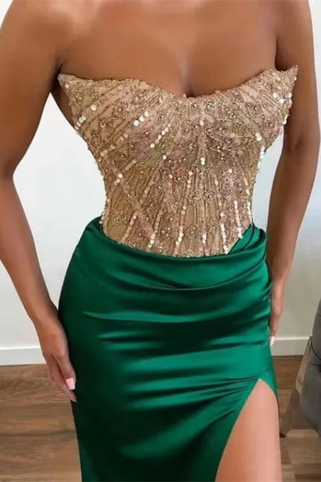 Strapless Green Mermaid Prom Dress with Beadings and Split Applique