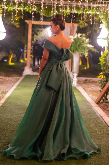 Strapless One Shoulder Mermaid Front Split Evening Dress With Bowknot in Dark Green