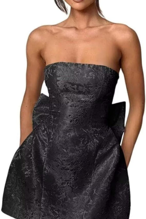 Strapless Ruched Satin SHort Party Dress Backless Jacquard Homecoming Dress with Bow - Prom Dresses